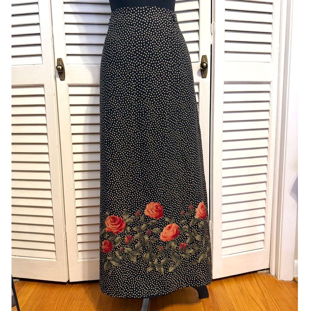 Y2K 90's Liz Claiborne Silk 100% Polka Dot Floral Maxi Skirt Size 10 Whimsigoth